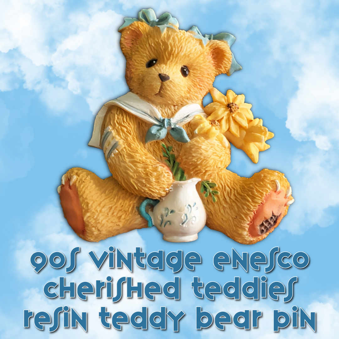 Vintage Enesco Teddy Bear Brooch Pin Collar, Flower, and Pitcher detailing, Collectible