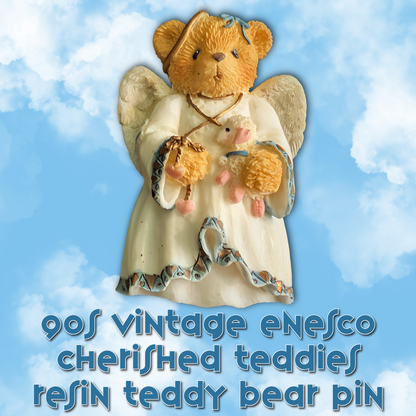 Vintage Enesco Sweet Angel Teddy Bear Brooch Pin, 1980s, Cold Cast Resin