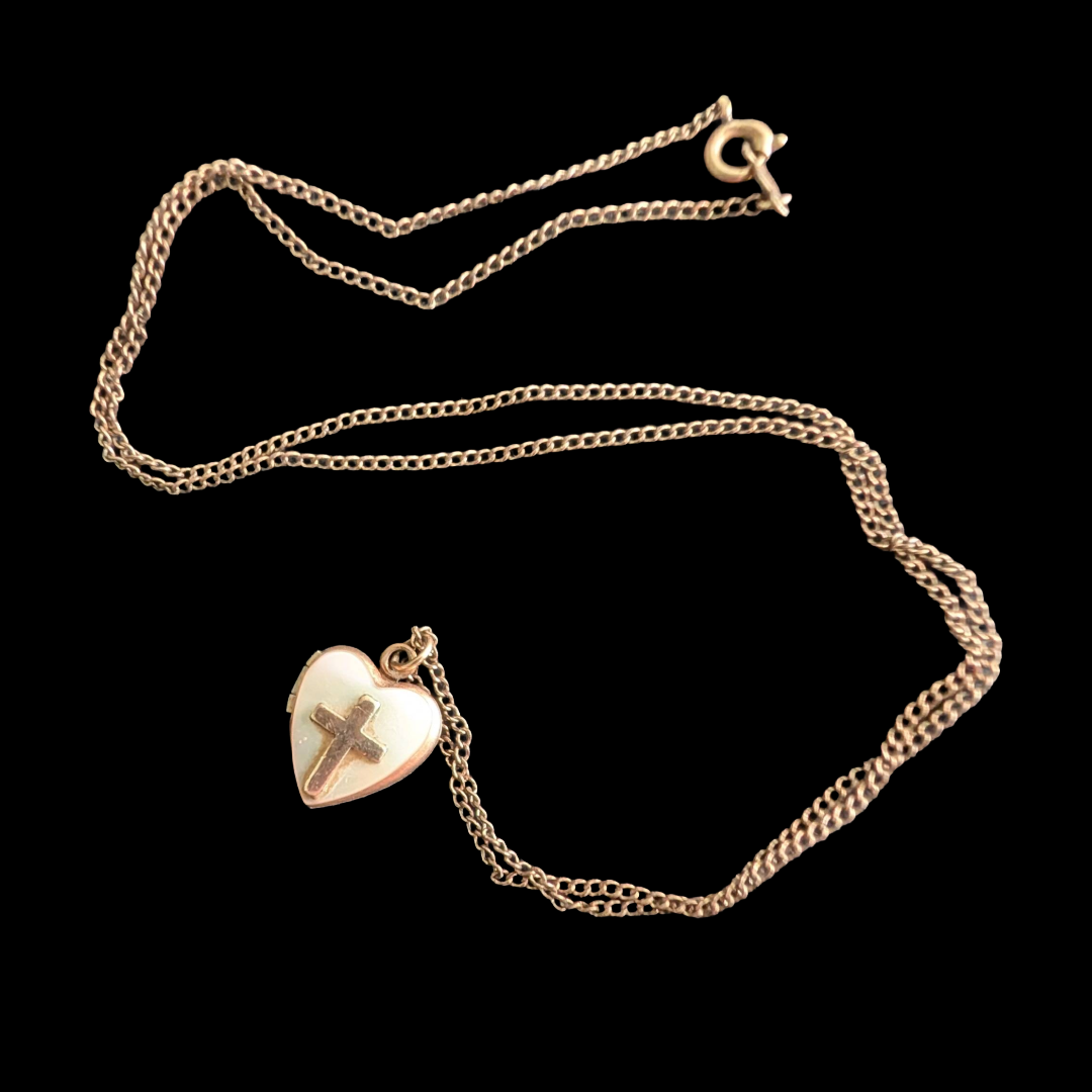 1940s/50s Mother of Pearl Heart Shaped Locket w/ Cross, incl. matching chain