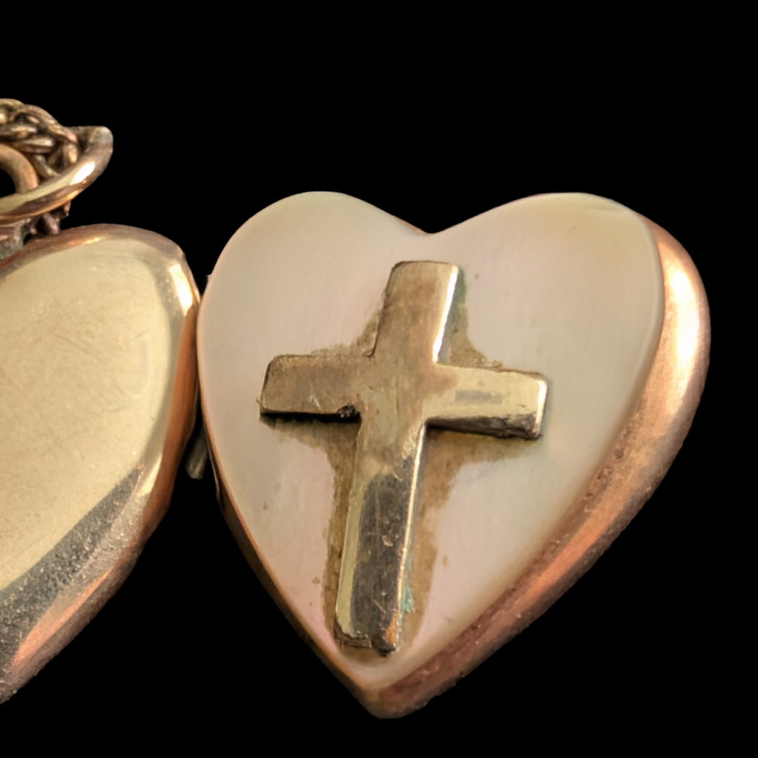 1940s/50s Mother of Pearl Heart Shaped Locket w/ Cross, incl. matching chain