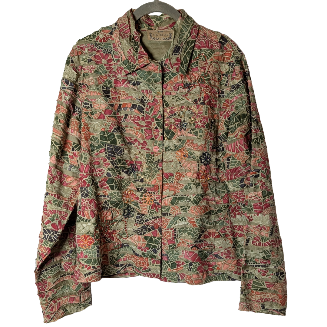 Life Style sz L Unique Shirt/Jacket/Shacket in Pinks & Greens w/ Beading Detail