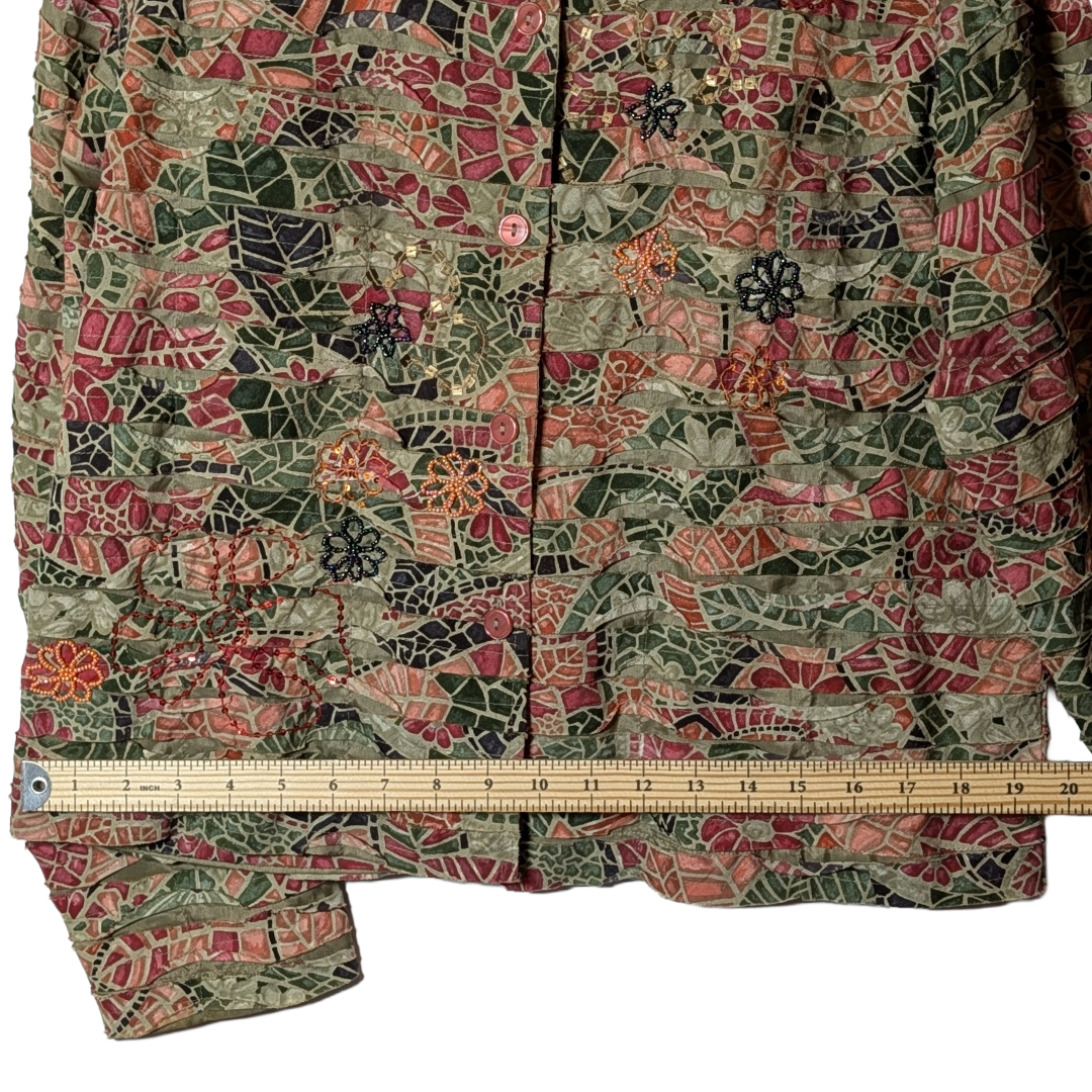 Life Style sz L Unique Shirt/Jacket/Shacket in Pinks & Greens w/ Beading Detail