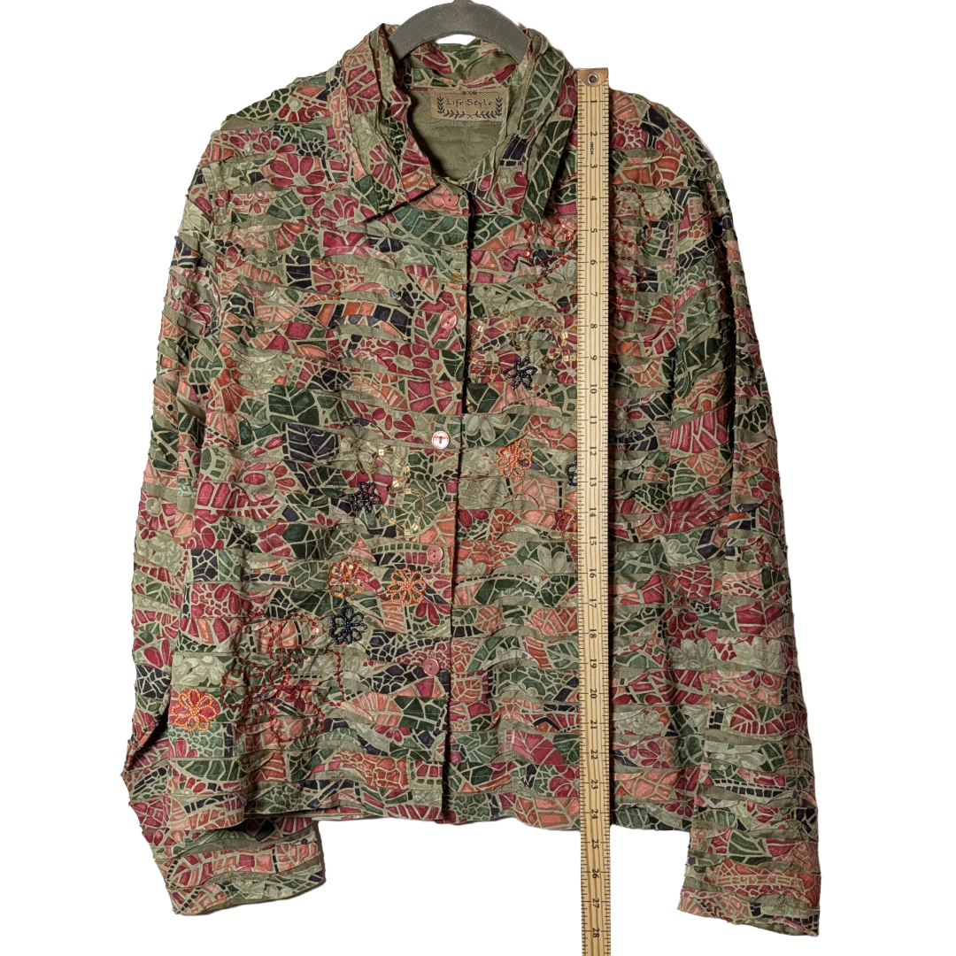 Life Style sz L Unique Shirt/Jacket/Shacket in Pinks & Greens w/ Beading Detail