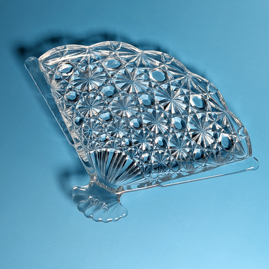 Vintage Avon Pressed Glass Fan Dish Clear Cut Star Pattern Vanity Trinket Tray