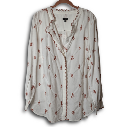 Talbots Plus 2X NWT Bisque LS Button Down w/ Brown Floral and Scallop embroidery