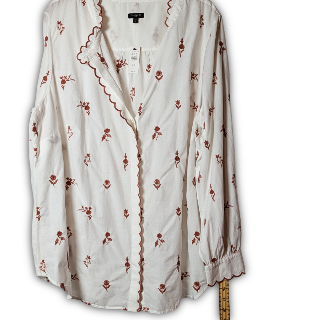 Talbots Plus 2X NWT Bisque LS Button Down w/ Brown Floral and Scallop embroidery