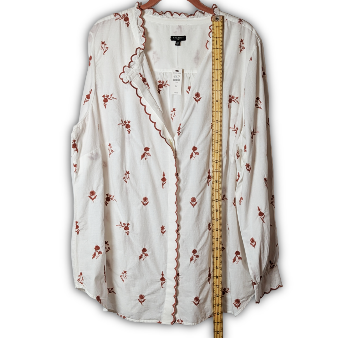 Talbots Plus 2X NWT Bisque LS Button Down w/ Brown Floral and Scallop embroidery