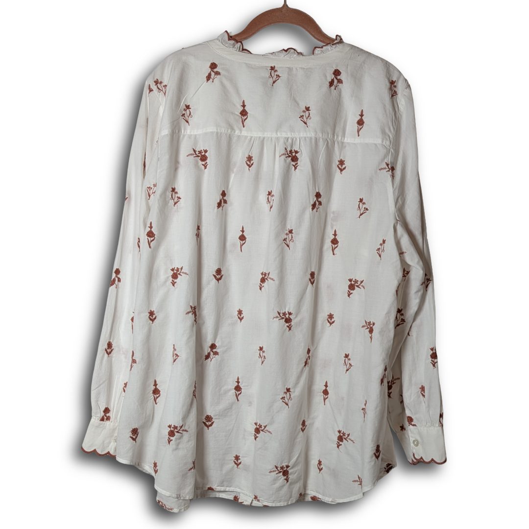 Talbots Plus 2X NWT Bisque LS Button Down w/ Brown Floral and Scallop embroidery