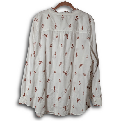 Talbots Plus 2X NWT Bisque LS Button Down w/ Brown Floral and Scallop embroidery