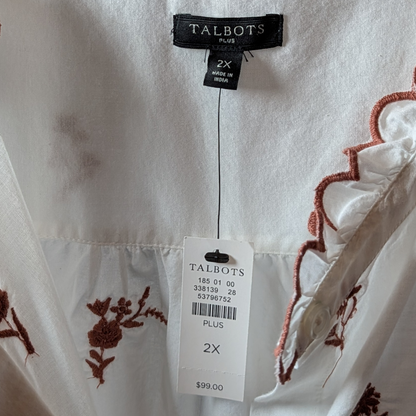 Talbots Plus 2X NWT Bisque LS Button Down w/ Brown Floral and Scallop embroidery