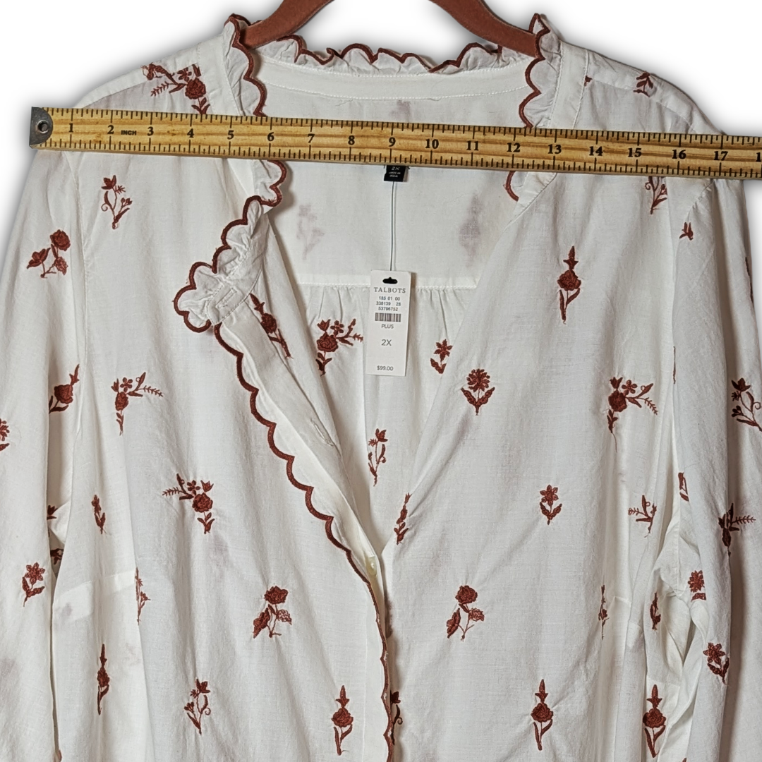 Talbots Plus 2X NWT Bisque LS Button Down w/ Brown Floral and Scallop embroidery