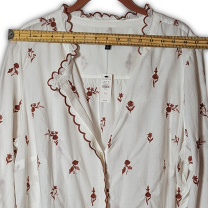 Talbots Plus 2X NWT Bisque LS Button Down w/ Brown Floral and Scallop embroidery