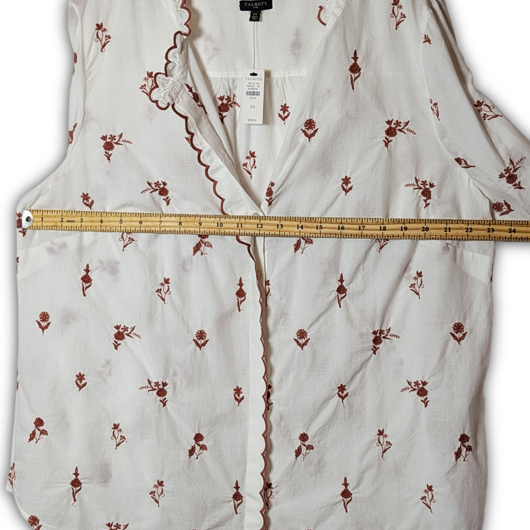 Talbots Plus 2X NWT Bisque LS Button Down w/ Brown Floral and Scallop embroidery