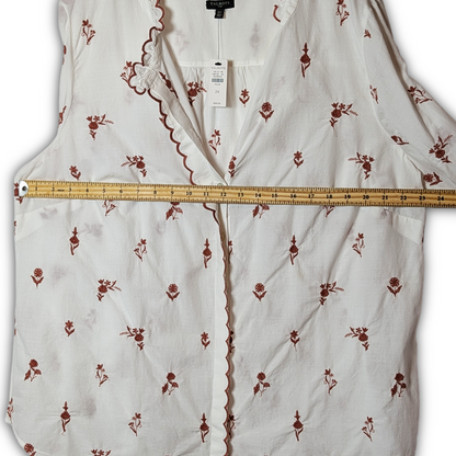 Talbots Plus 2X NWT Bisque LS Button Down w/ Brown Floral and Scallop embroidery
