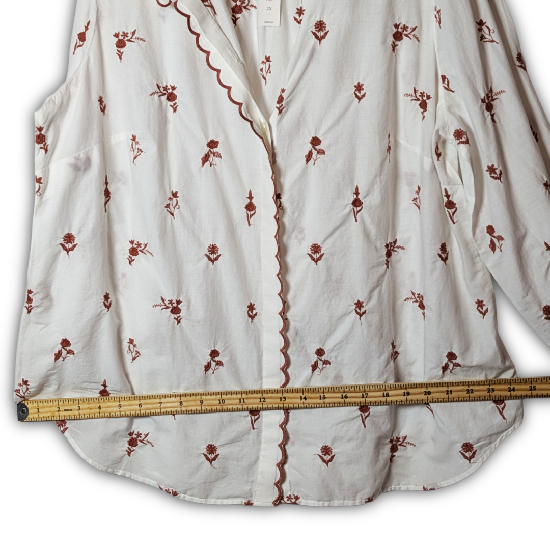 Talbots Plus 2X NWT Bisque LS Button Down w/ Brown Floral and Scallop embroidery