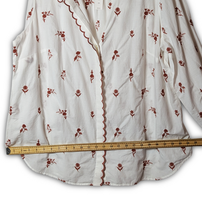 Talbots Plus 2X NWT Bisque LS Button Down w/ Brown Floral and Scallop embroidery