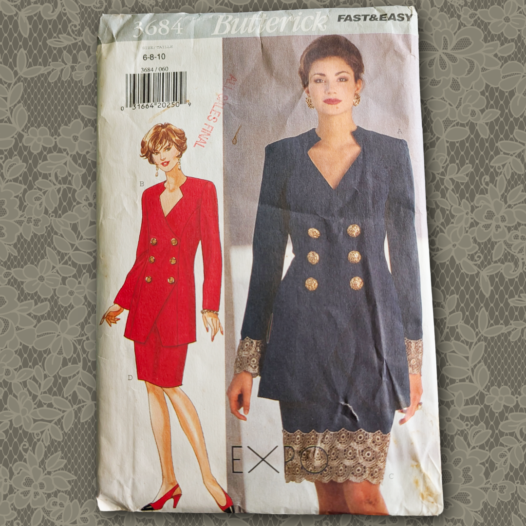 Butterick 3684 sizes 6-8-10 vintage sewing pattern, power 80s top and skirt