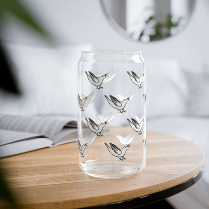 White Crow Yelling Graphic on Can-shaped 16oz Glass, with or without lid & straw