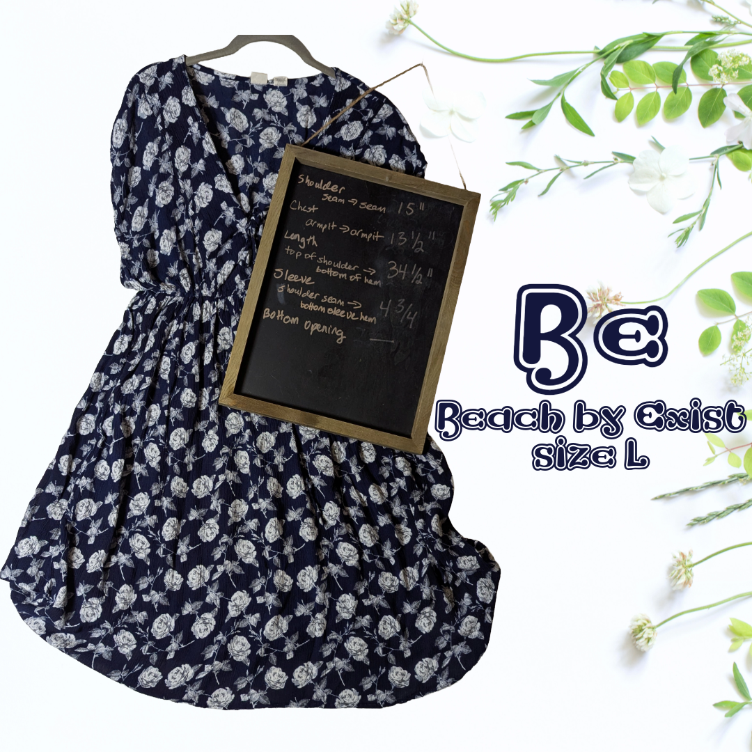 Beach By Exist sz L Navy/White Floral Rayon Casual Short Sleeve Dress