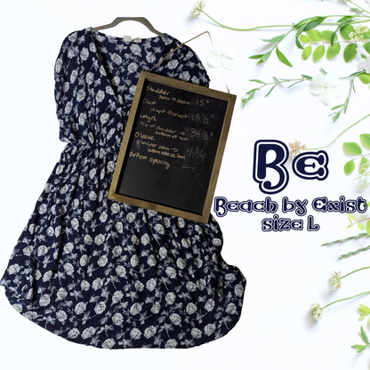 Beach By Exist sz L Navy/White Floral Rayon Casual Short Sleeve Dress