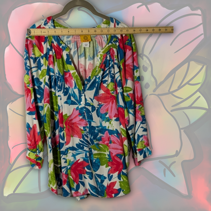 Ruby Rd. Size L Luxurious Rayon/Linen Floral Blouse | Blue/Pink/Green/White