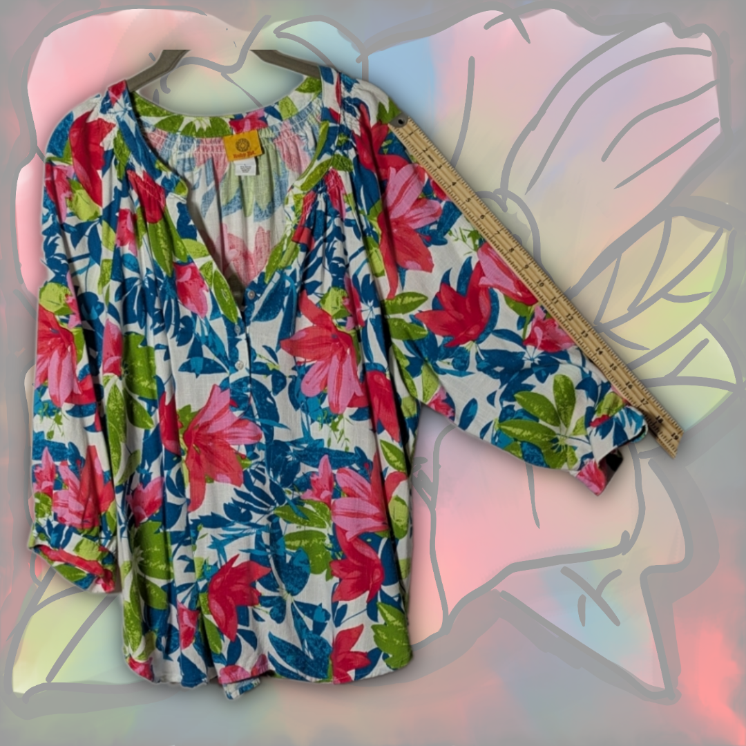Ruby Rd. Size L Luxurious Rayon/Linen Floral Blouse | Blue/Pink/Green/White