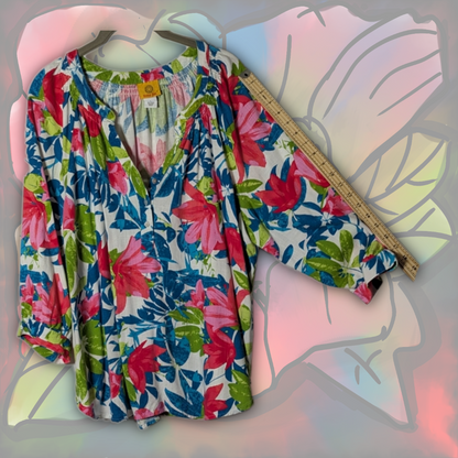 Ruby Rd. Size L Luxurious Rayon/Linen Floral Blouse | Blue/Pink/Green/White
