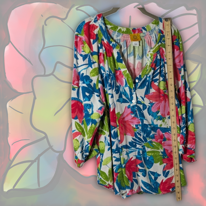 Ruby Rd. Size L Luxurious Rayon/Linen Floral Blouse | Blue/Pink/Green/White