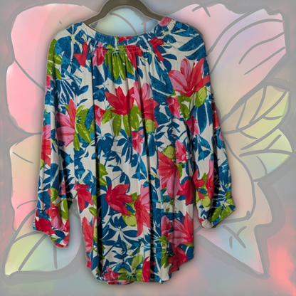 Ruby Rd. Size L Luxurious Rayon/Linen Floral Blouse | Blue/Pink/Green/White