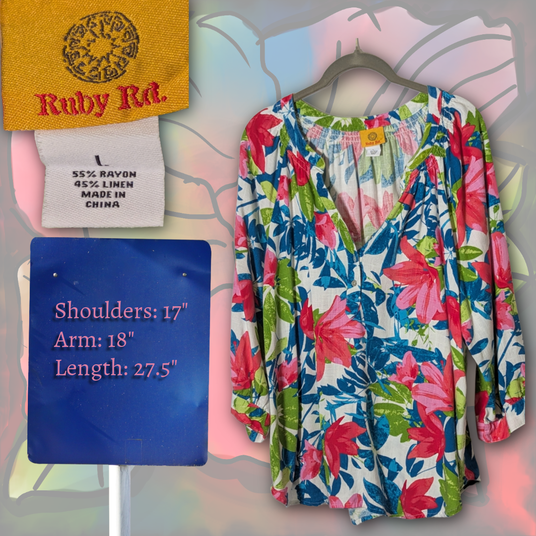 Ruby Rd. Size L Luxurious Rayon/Linen Floral Blouse | Blue/Pink/Green/White