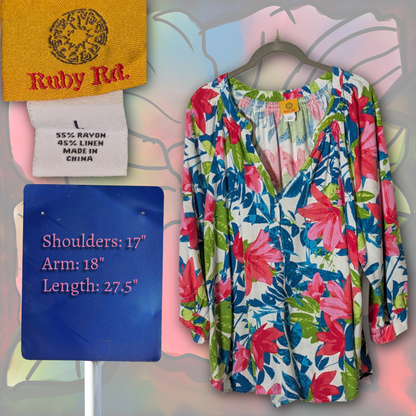 Ruby Rd. Size L Luxurious Rayon/Linen Floral Blouse | Blue/Pink/Green/White