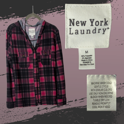New York Laundry Women's M Pink/Black Plaid Lightweight Button-Up Hoodie
