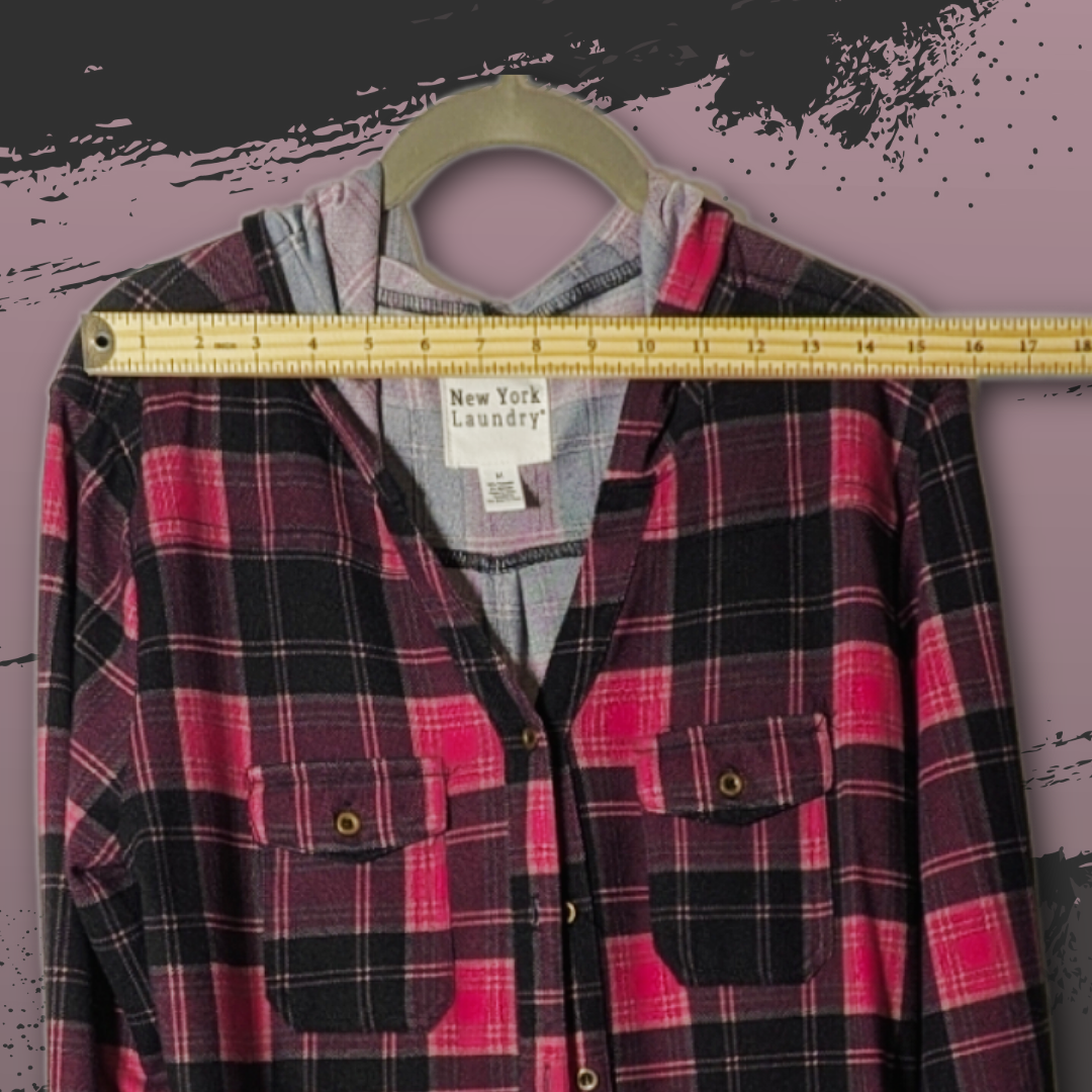 New York Laundry Women's M Pink/Black Plaid Lightweight Button-Up Hoodie