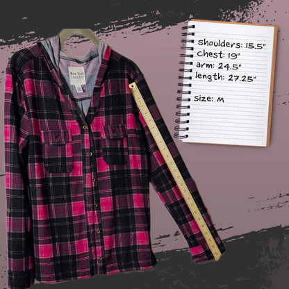 New York Laundry Women's M Pink/Black Plaid Lightweight Button-Up Hoodie