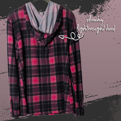 New York Laundry Women's M Pink/Black Plaid Lightweight Button-Up Hoodie