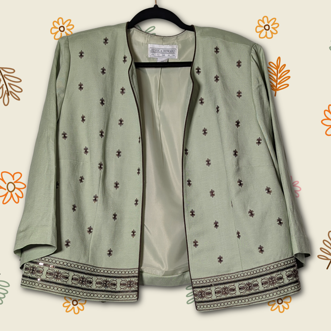 Vintage Jessica Howard Sage Green Linen Blend Jacket w/Embroidered Detail sz 18W