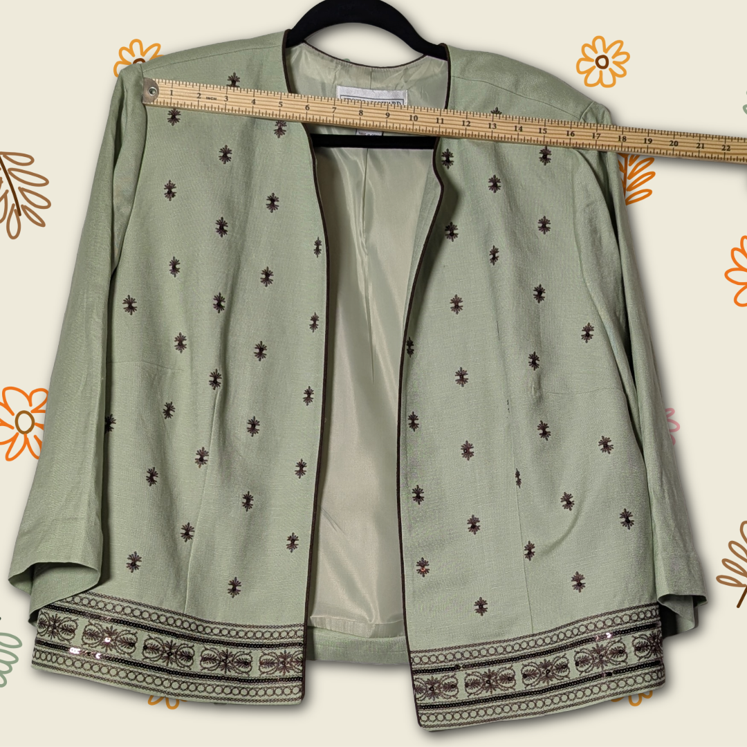 Vintage Jessica Howard Sage Green Linen Blend Jacket w/Embroidered Detail sz 18W