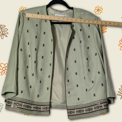 Vintage Jessica Howard Sage Green Linen Blend Jacket w/Embroidered Detail sz 18W