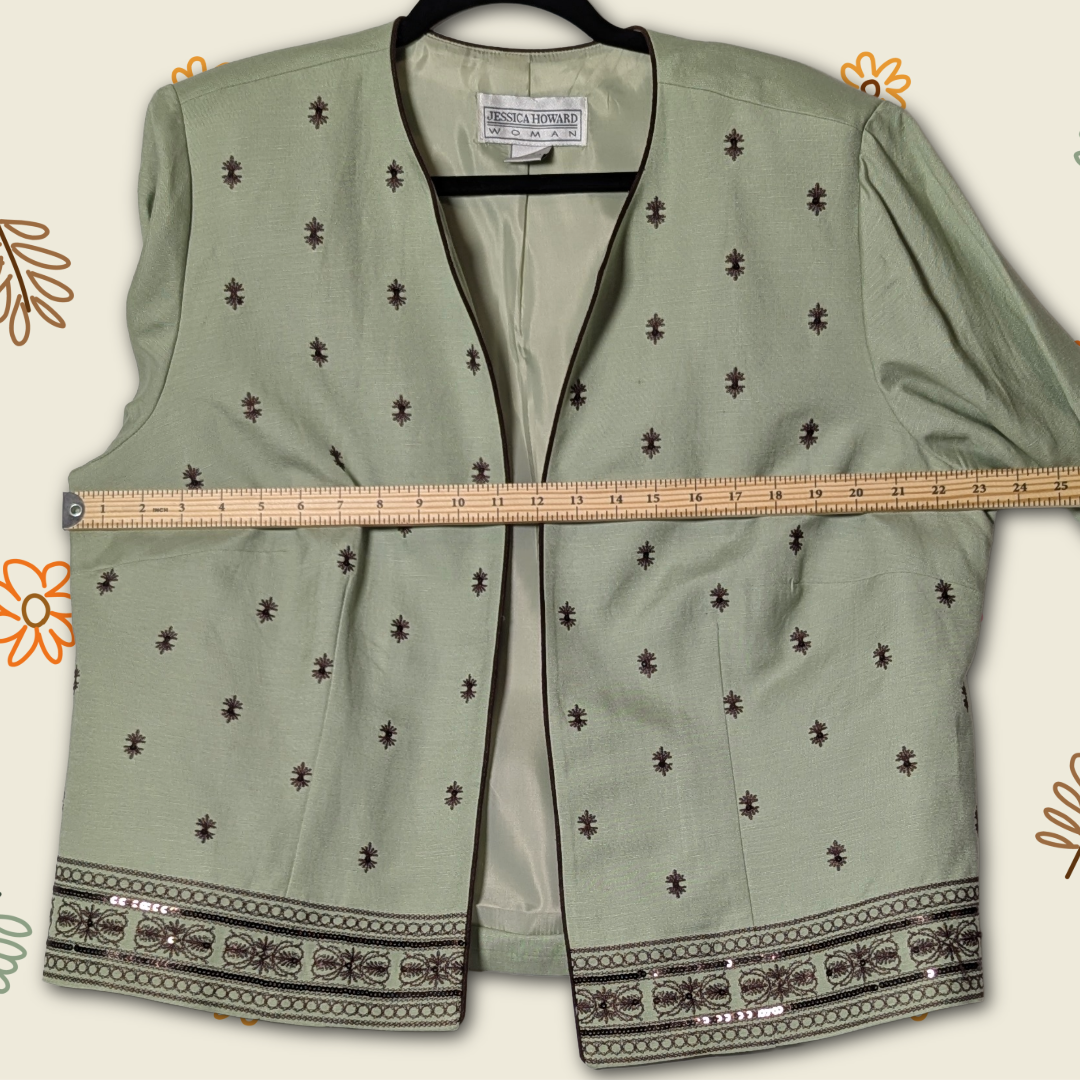 Vintage Jessica Howard Sage Green Linen Blend Jacket w/Embroidered Detail sz 18W
