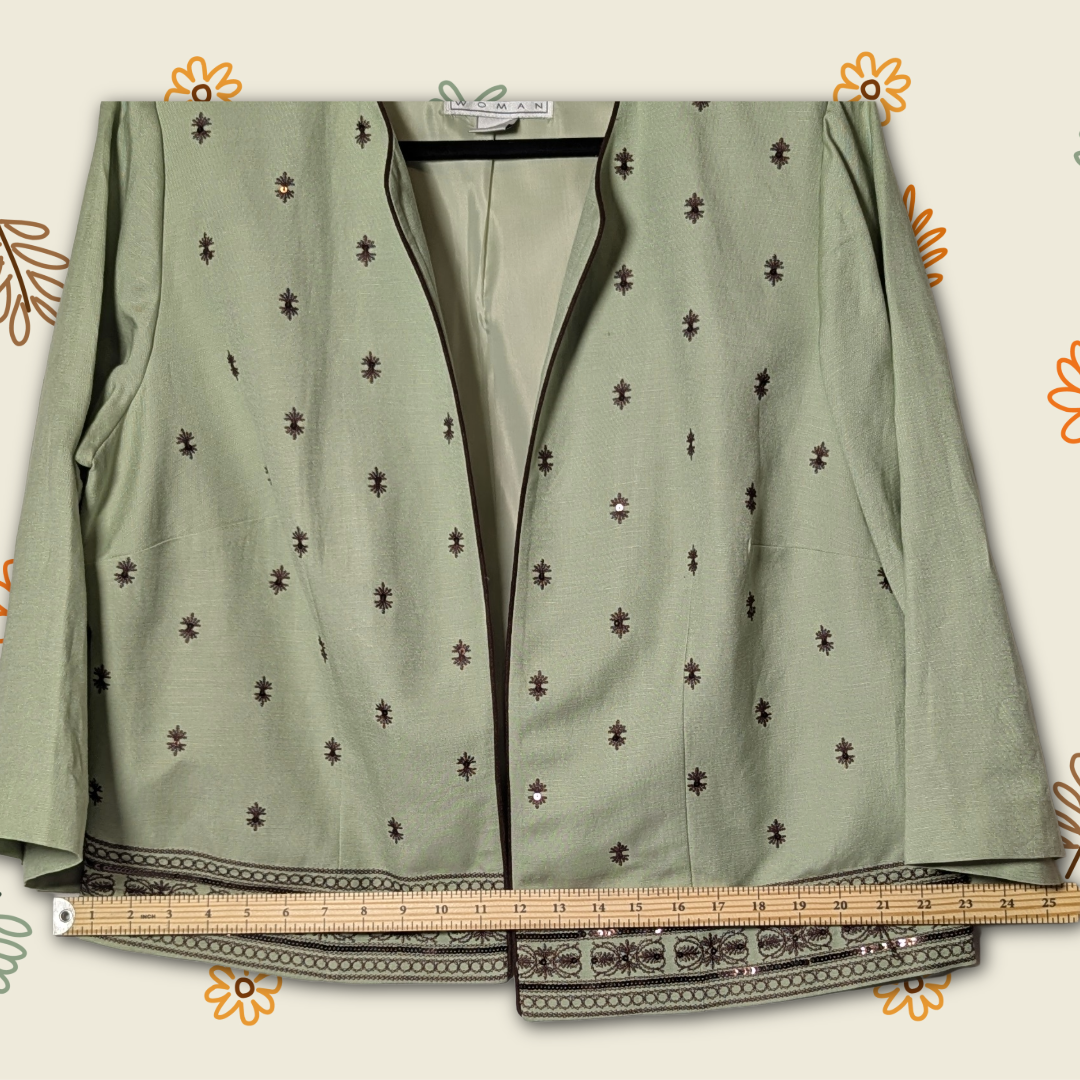 Vintage Jessica Howard Sage Green Linen Blend Jacket w/Embroidered Detail sz 18W