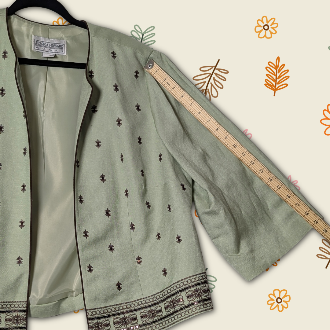 Vintage Jessica Howard Sage Green Linen Blend Jacket w/Embroidered Detail sz 18W