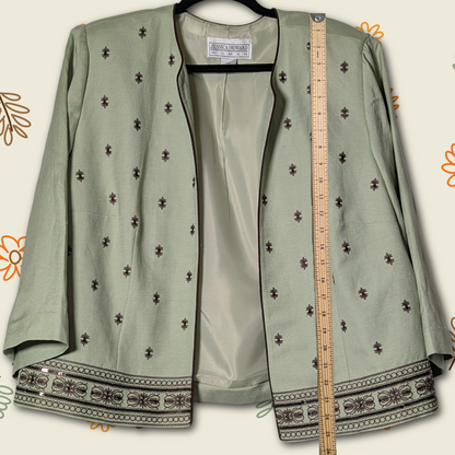 Vintage Jessica Howard Sage Green Linen Blend Jacket w/Embroidered Detail sz 18W