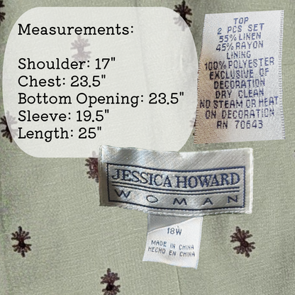 Vintage Jessica Howard Sage Green Linen Blend Jacket w/Embroidered Detail sz 18W