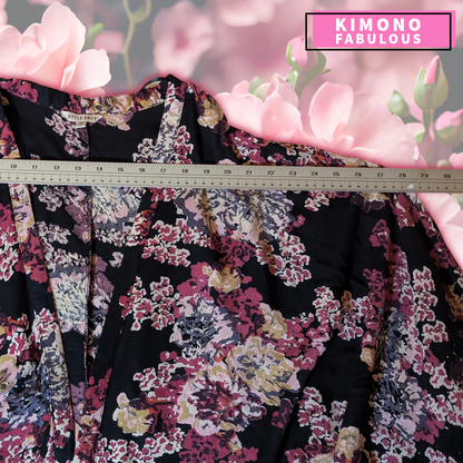 FABulous Floral Style Envy black boho kimono with burgundy and pink florals, 1X