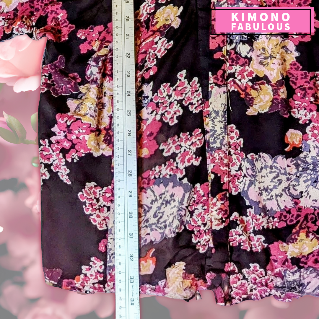 FABulous Floral Style Envy black boho kimono with burgundy and pink florals, 1X
