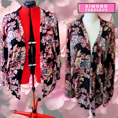FABulous Floral Style Envy black boho kimono with burgundy and pink florals, 1X