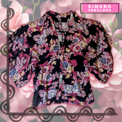 FABulous Floral Style Envy black boho kimono with burgundy and pink florals, 1X