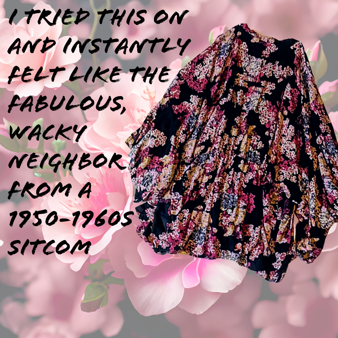 FABulous Floral Style Envy black boho kimono with burgundy and pink florals, 1X
