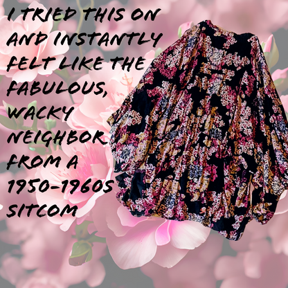 FABulous Floral Style Envy black boho kimono with burgundy and pink florals, 1X