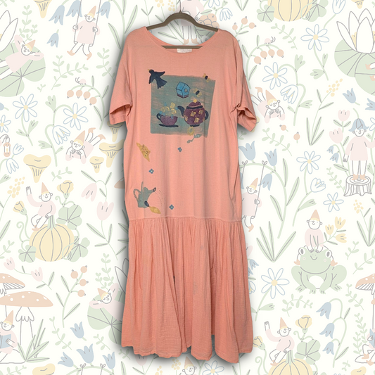 Vintage Blue-Eyed Bear Hand-Painted Drop-Waist Dress | Cottagecore Knit Maxi